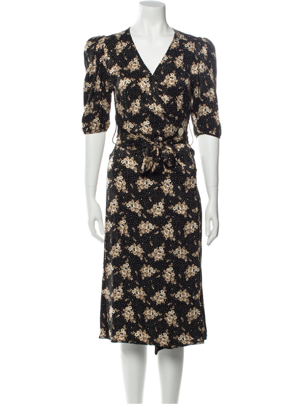 Rouje Paris Rosalie Midi Length Button Up Wrap Dress in black & tan floral